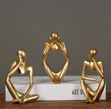 3pc Thinking Man Statue Figurine Set - Gold